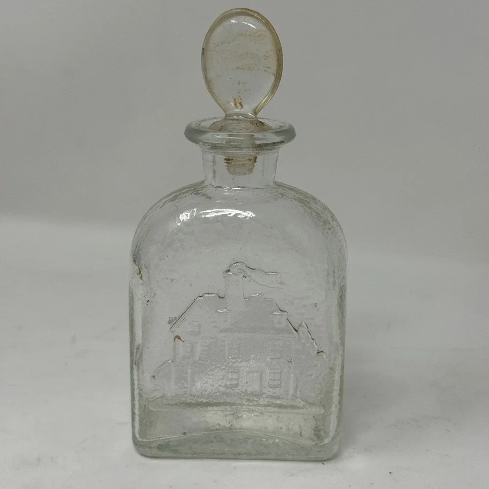 Vintage Clear Glass Decanter Bottle Embossed Colonial House with Stopper 5.25in